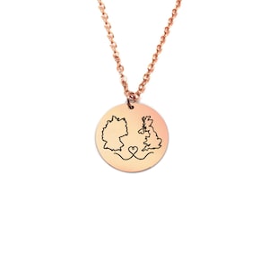 Pendentif en argent sterling plaqué or rose avec 2 pays gravés, chaîne en acier inoxydable, collier n'importe quelle carte, pendentif disque avec cartes gravées