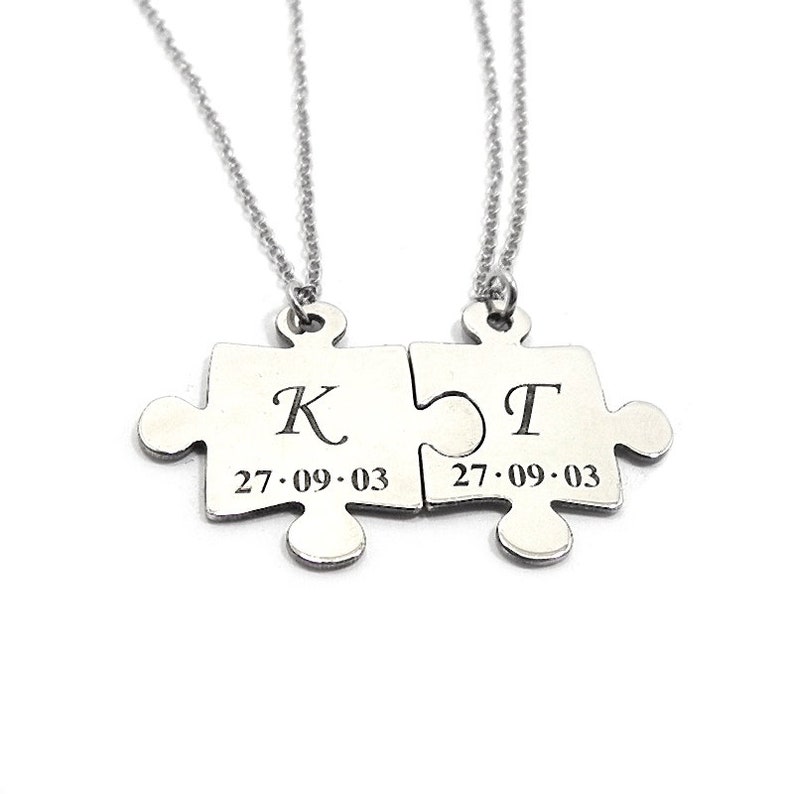 Personalized Puzzle Necklace 2 Necklaces Set Couples Etsy