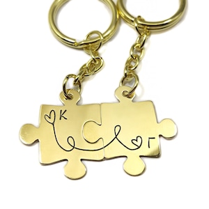 Brass pesonalized puzzle keychains with monograms, 2 keychains set, friends keychains set, matching keychains, his and hers set