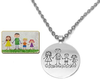 Engraved Kids Drawing Necklace, Platinum Plated Sterling Silver, Personalized Gift, Stainless Steel Chain