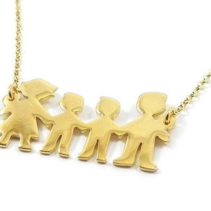 May include: Gold necklace with a pendant of five stylized figures holding hands. The figures are all the same size and shape, and they are arranged in a line.
