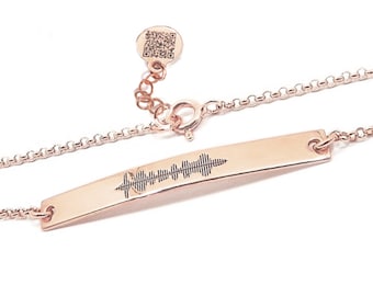 Sterling silver rose gold plated bracelet with engraved soundwave on a tag 40x5mm and QRcode on the chain end