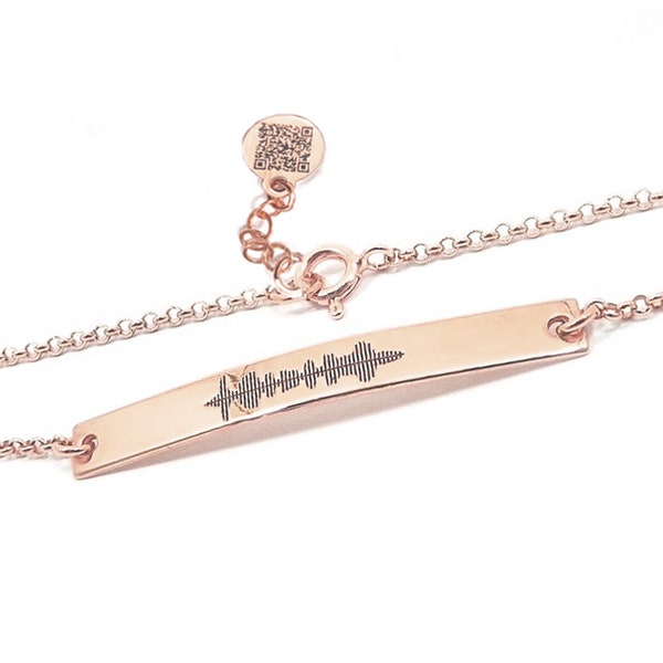 Sterling silver rose gold plated bracelet with engraved soundwave on a tag 40x5mm and QRcode on the chain end
