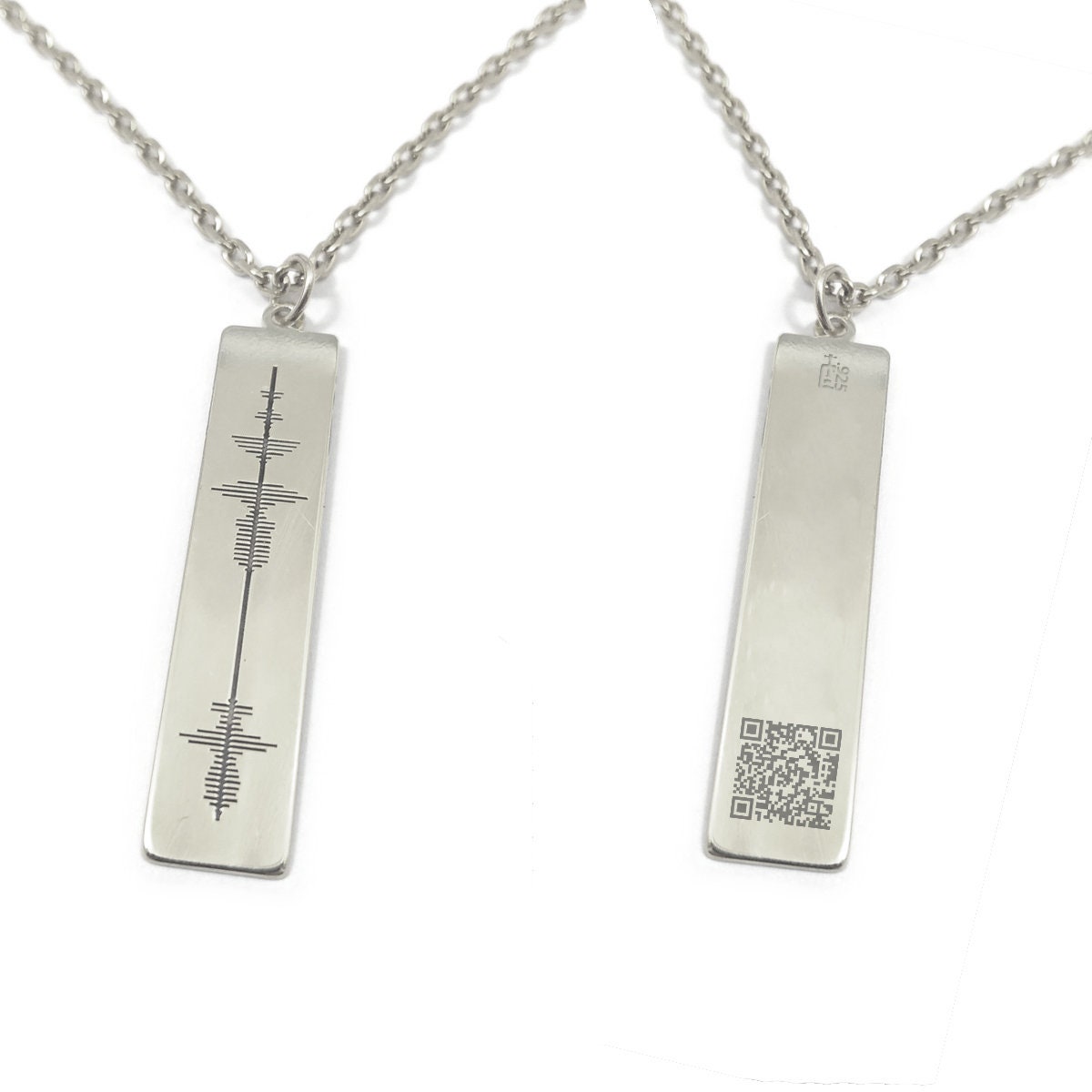 Sterling silver platinum plated necklace with soundwave engraved on vertical plate 35x8mm and QRcode on the back, stainless steel chain