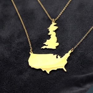 Dubbelkedjigt halsband med två länder, sterlingsilver, förgyllt, Tvåstatshalsband, Halsband med två kartor, Halsband med långa avstånd