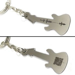 Nickel silver electric guitar keychain with your personal message soundwave + QRcode engraved on the back side
