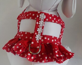 Dog Harness - Dog Clothes - Custom Dog Harness -Red Dots Ruffle - Dog Apparel -  Dog Dress - Small Dog Harness