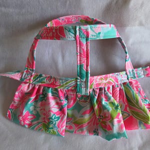 Peut inclure: Harnais pour chien aux motifs floraux roses, verts et turquoise. Ce harnais de style licol est orné d'un motif floral et d'une jupe à volants. Il est équipé d'un anneau en D pour l'attache de la laisse.