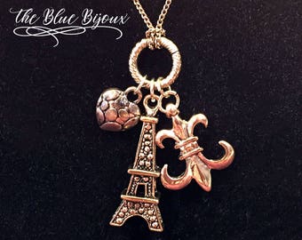 Paris Charm Pendant | Fleur de Lis | French Charm Pendant | Heart Eiffel Tower Fleur de Lis Charm Pendant