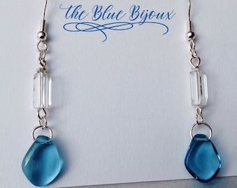 Blue Turquoise Glass Bead Earrings: Silver Wire Boho Style