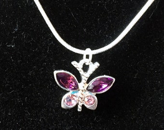 Claire's Silver Butterfly Pendant | Purple and Pink Marquis Rhinestones | Silver Butterfly Pendant