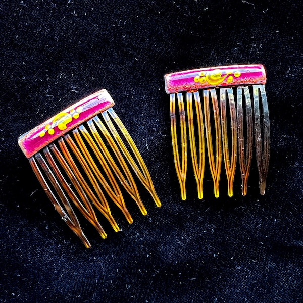 Vintage Enameled Hair Combs | Small Enameled Pink and Yellow Hair Combos | Girls Hair Clips | Girls Hair Combs | Vintage Enameled Hair Combs