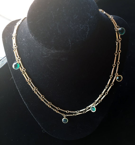 Vintage Green Bezel Set Rhinestone Necklace | Yel… - image 6