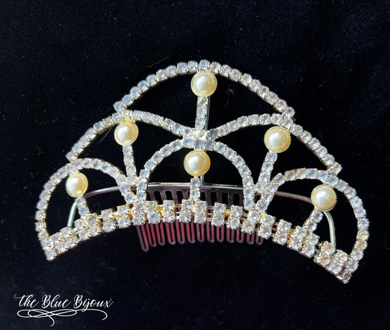 Vintage Silver Tiara Hair Comb | Pearl Rhinestone… - image 4