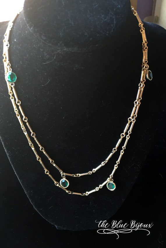 Vintage Green Bezel Set Rhinestone Necklace | Yel… - image 5