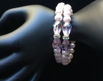 Pearl Bracelet | Pearl Rhinestone Pink Crystal Bracelet | Pink Bracelet | Double Strand Pearl Bracelet | Gift for Her