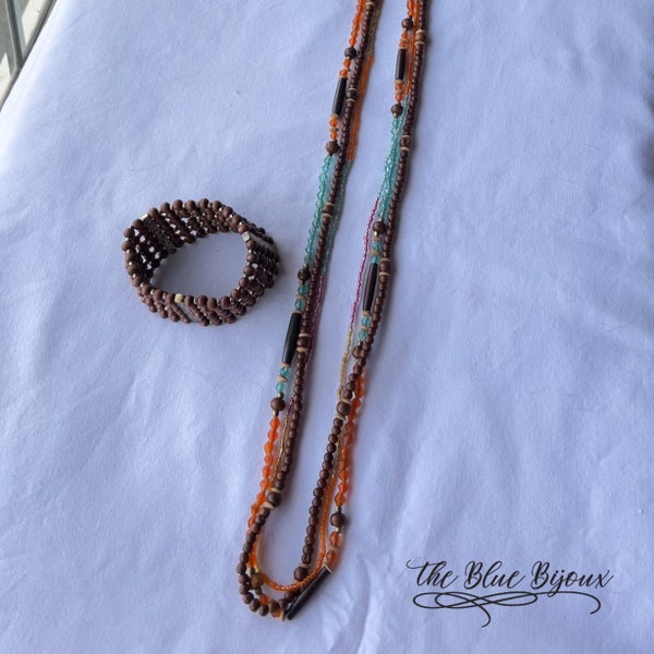Collier vintage en bois, verre vintage et perles en bois | 1 bracelet en bois moderne 6 rangs en fil élastique
