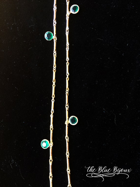 Vintage Green Bezel Set Rhinestone Necklace | Yel… - image 2