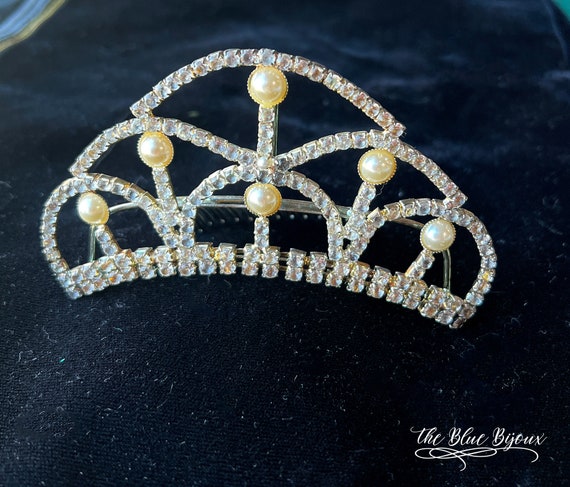 Vintage Silver Tiara Hair Comb: Pearl Rhinestone Wedding  display picture 1