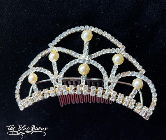 Vintage Silver Tiara Hair Comb | Pearl Rhinestone… - image 8