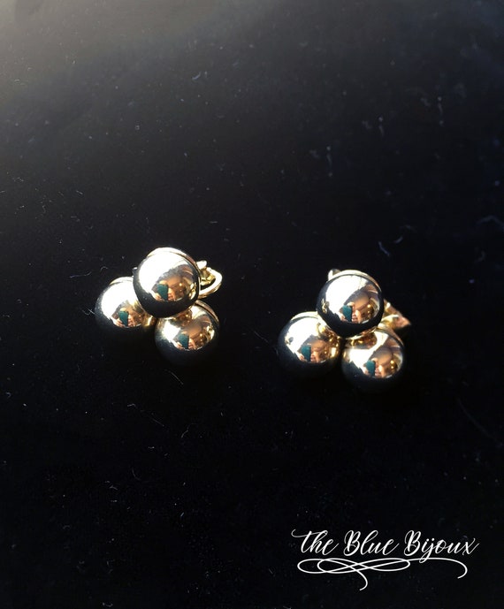 Coro Yellow Gold Toned 3 Ball Earrings | Vintage … - image 8