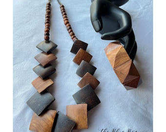 Vintage Chunky Wooden Necklace & Bracelet Set 80s Style Wooden Jewelry