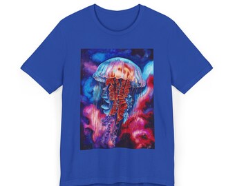 Moon Jelly Drift Unisex Jersey T-shirt, Ocean Lover Tee, Beach Vacation Shirt, Art-Inspired Top, Prezent dla entuzjastów życia morskiego