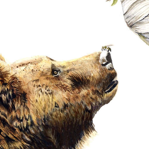 Bear Watercolor Painting, Animal Art, Bear Painting, Bear Watercolor, Bear Art, Nursery Art, Bee Art, Bear Decor, Bear Print, Beehive Art
