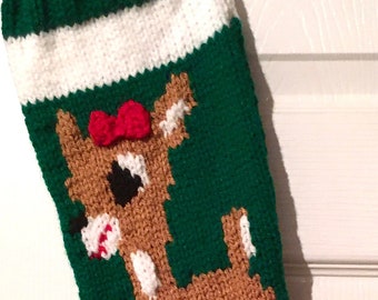 Clarice the reindeer Hand knitted Christmas Stocking