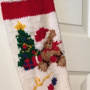 Hand made Knitted Christmas Stocking-Baby Bear with red boot