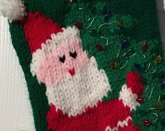 Hand knitted Christmas stocking Santa carrying the Christmas tree 2 Sided