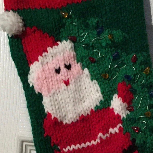 Hand knitted Christmas stocking Santa carrying the Christmas tree 2 Sided