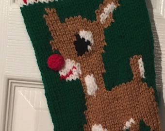 Hand knitted Christmas stockings Rudolph the red nose reindeer full body