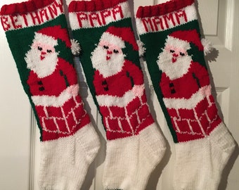 Hand knitted Christmas Stockings Santa in Chimney