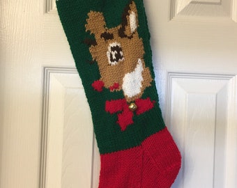 Green Rudolf the red nose reindeer Hand knitted Christmas stocking