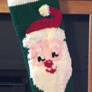 Santa Claus Head hand knitted Christmas Stocking green cuff with white band for name in red