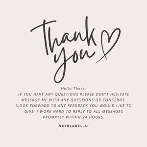 May include: A beige card with the words "Thank you" in a handwritten style, with a heart symbol. Additional text includes a greeting, a customer service message, and a website address.