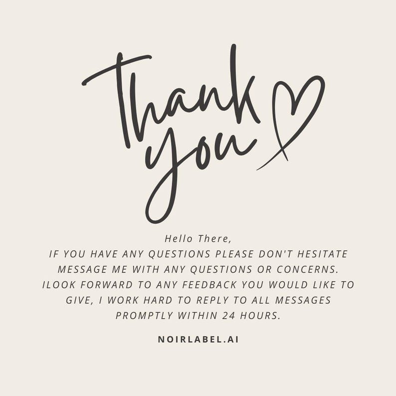 May include: A beige card with the words "Thank you" in a handwritten style, with a heart symbol. Additional text includes a greeting, a customer service message, and a website address.