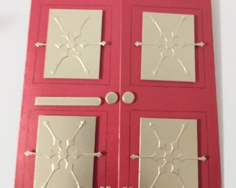 5 1/2 x 6 inch Handmade Red and Gold Double Door Christmas Card;  Holiday Greeting Card