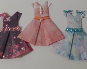 4 x 5 inch Origami Paper Fold Paperclip Dress; Floral Design Dress; Junk Journal; Journal Paperclip Dress; Bookmark Mini Dress (Set of 3)