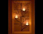 Window frame wall sconce with metal tree sculpture and vase style glass votive holders