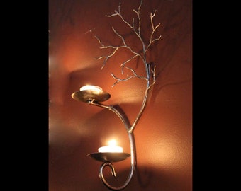 Right Hand Two candle metal  tree sculpture  wall sconce for  votive and tea candles