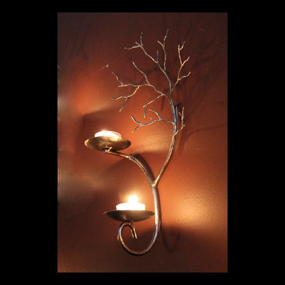 Right Hand Two Candle Metal Tree Sculpture Wall Sconce For
