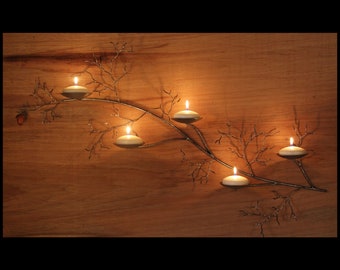 36 Inch long left hand metal  tree branch sculpture wall sconce with hand turned acorn for votive and pillar candles