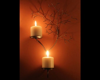 Large right hand two candle metal  tree sculpture  wall sconces for votive and pillar candles