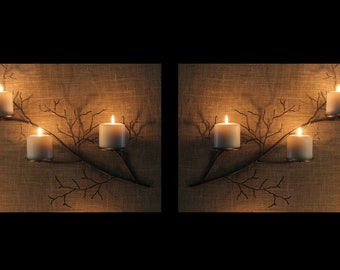 Matching pair of metal  tree branch sculpture wall sconce with hand turned acorns for votive and pillar candles