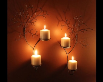 Grande set di due candele in metallo albero scultura applique da parete per candele votive e pilastro