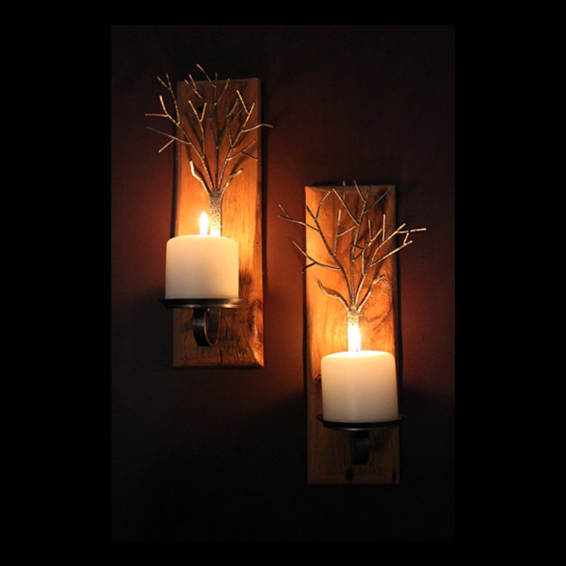 Pair of metal tree sculpture candle wall sconces on reclaimed Etsy