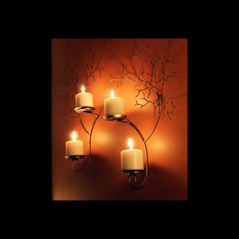Large Set of Two Candle Metal Tree Sculpture Wall Sconces for Etsy