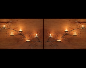 Matching set of right hand  and left hand metal  branch sculpture wall sconce with hand turned acorn for votive and pillar candles